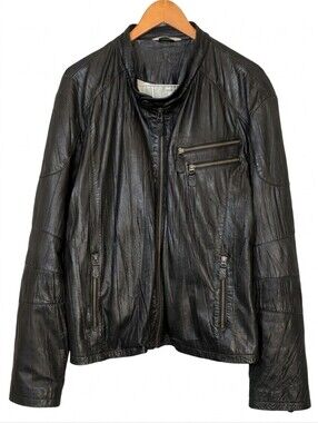 Bod & Christensen Leather Moto Jacket Crinkled Black Mens Size 46 XL B&C Buttery